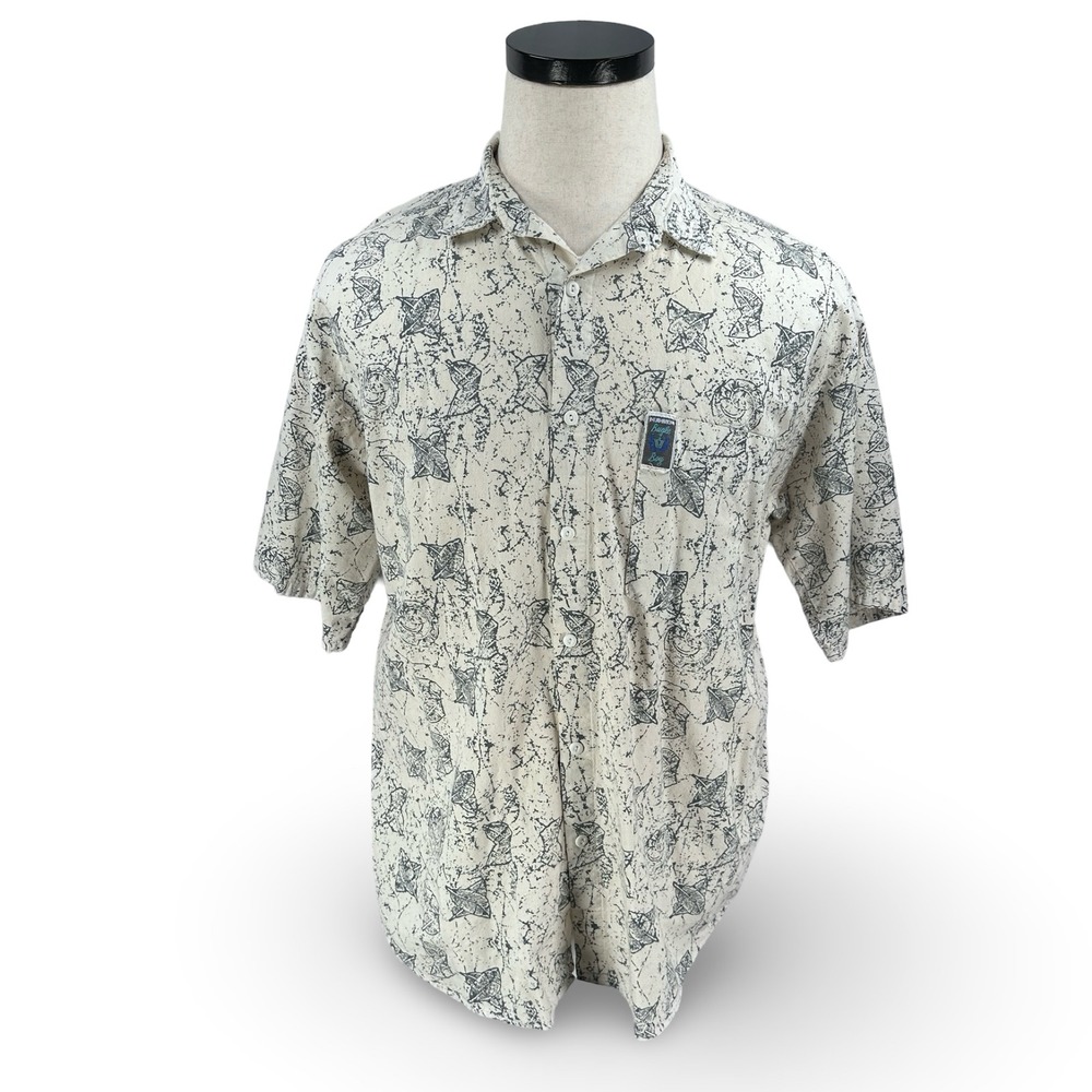 Vintage Bugle Boy Direction Hawaiian Shirt Mens Gray Off-White Cotton Medium